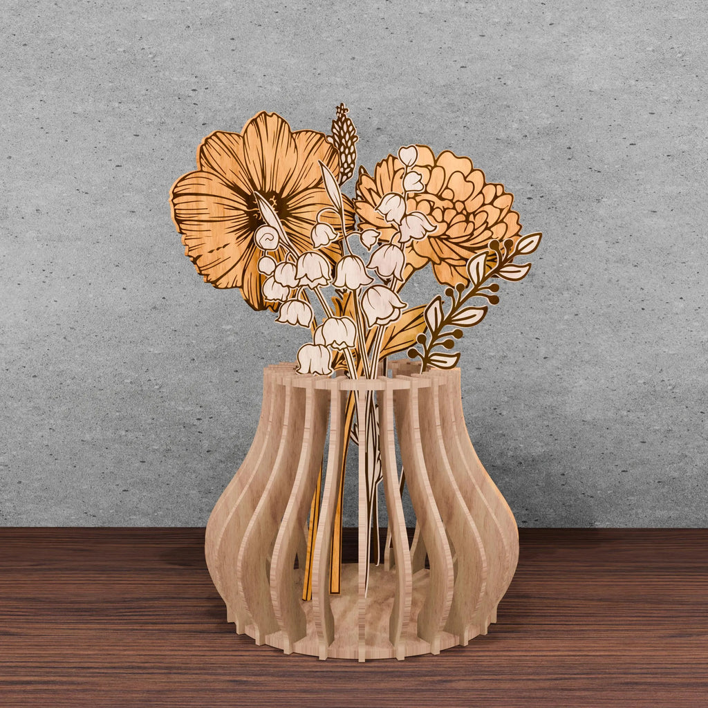 Birth Month Flower Bouquet SVG Bundle, Laser Cut Wooden Vase with Flowers, Glowforge Files, 12 Birth Flowers Digital Download