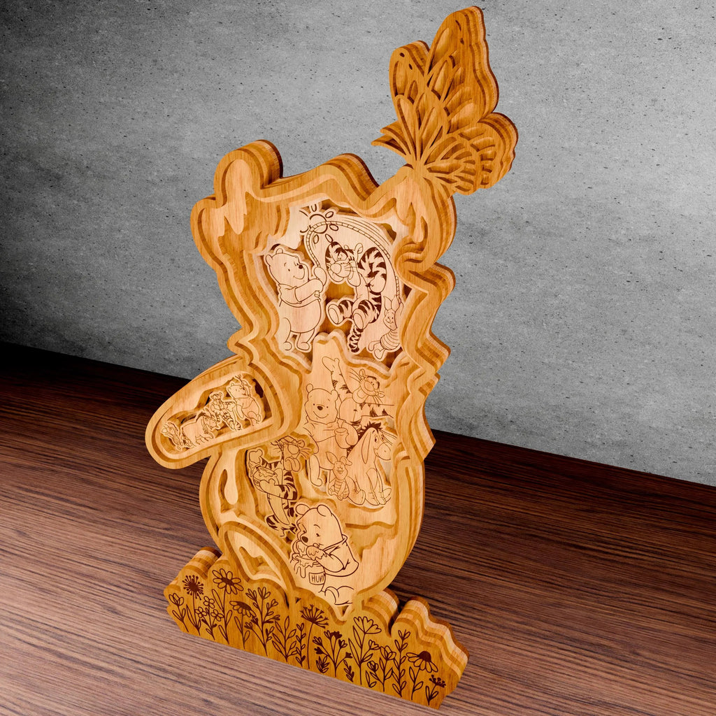 Honey Bear & Friends Multilayer Laser Cut SVG, Cute Bear Tiger & Piglet Forest 3D Layered Wood Art, Glowforge Nursery Decor Digital Download