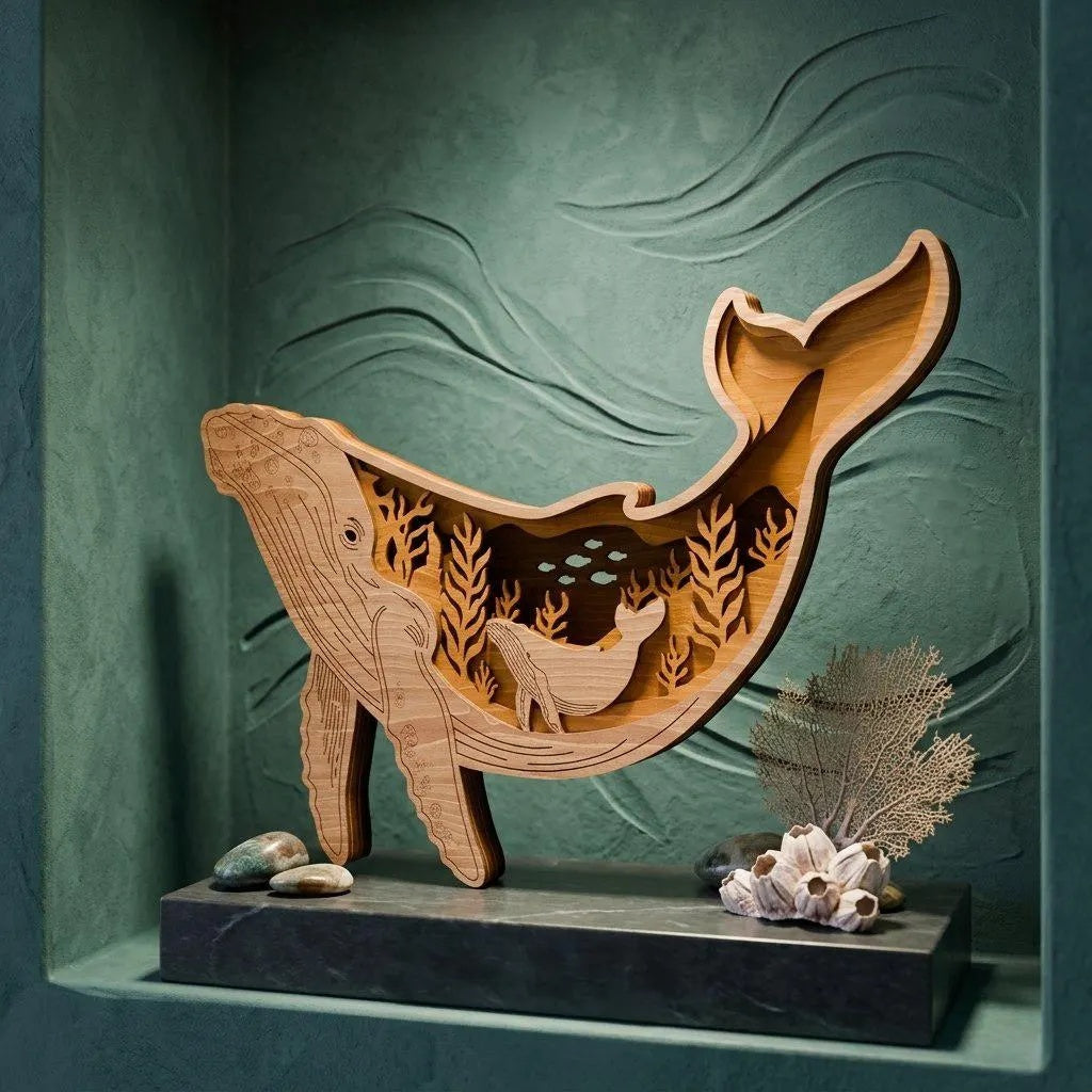 Humpback Whale Multilayer SVG Laser Cut File, 3D Ocean Shadow Box Digital Download, Mother Baby Whale Wall Art DXF CDR