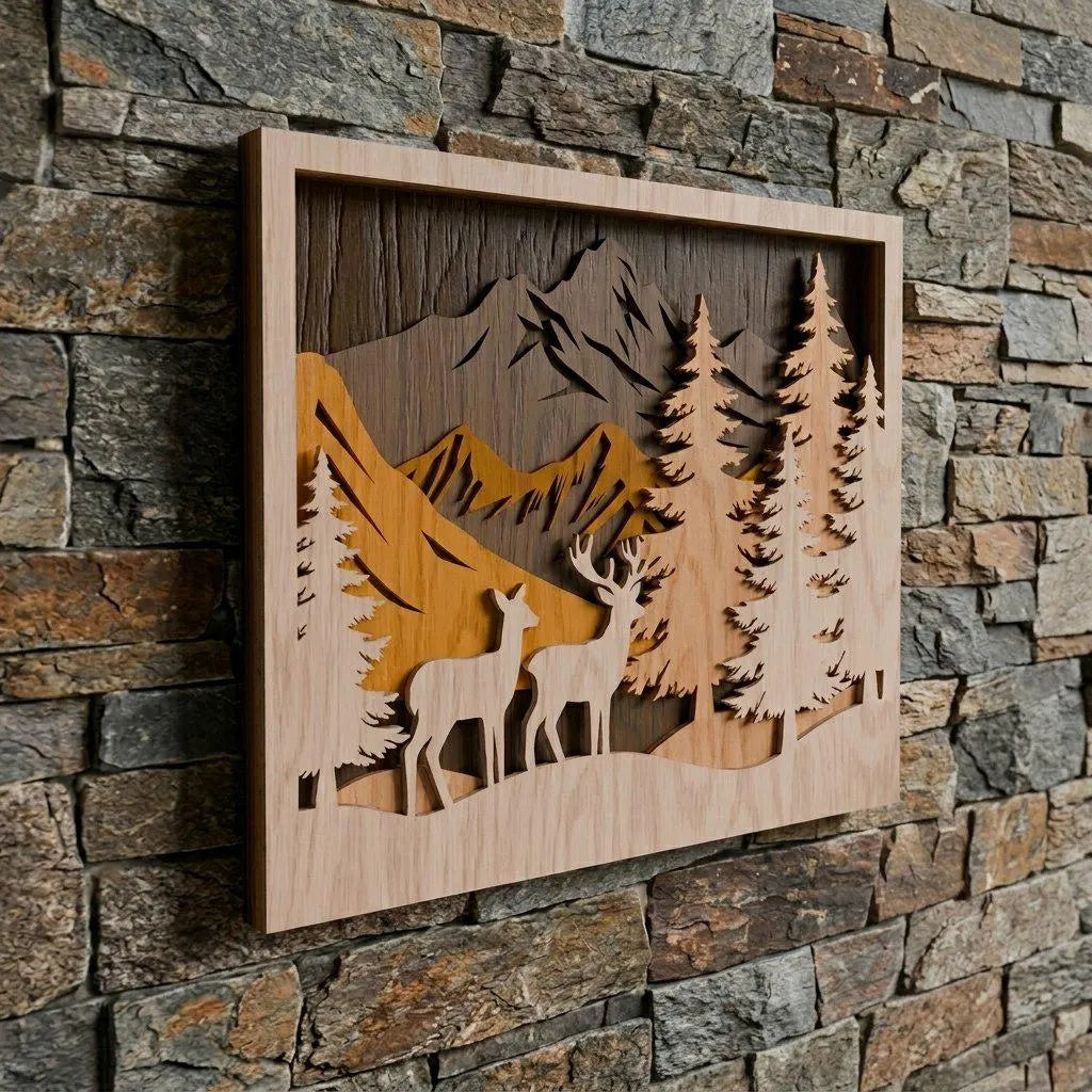3D Deer Mountain Forest Shadow Box SVG Laser Cut File, Multilayer Wildlife Wall Art, Glowforge Cricut Cabin Decor Digital Download