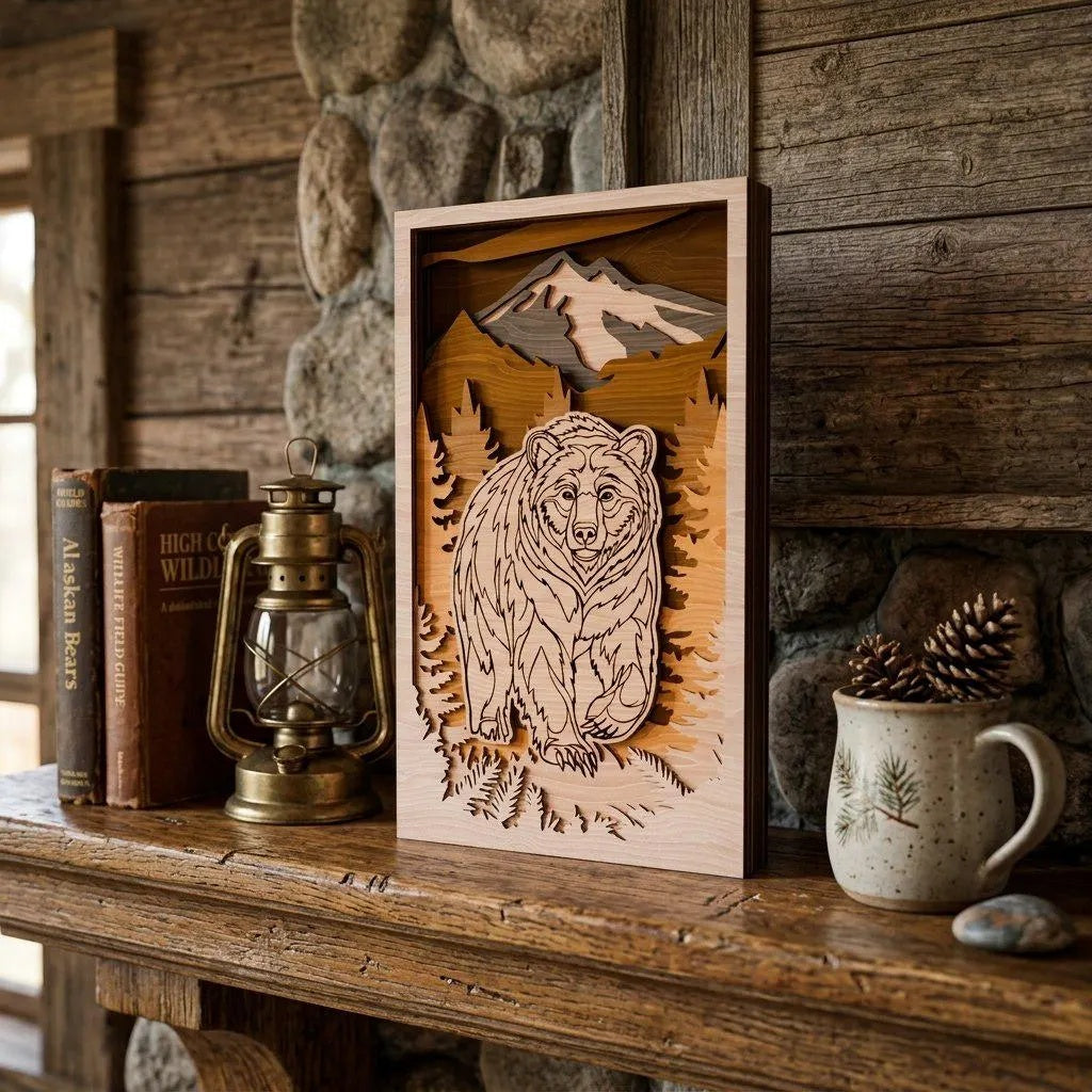 3D Bear Mountain Shadow Box SVG, Layered Grizzly Wall Art Laser Cut File, Cabin Wildlife Multilayer Glowforge Cricut Digital Download