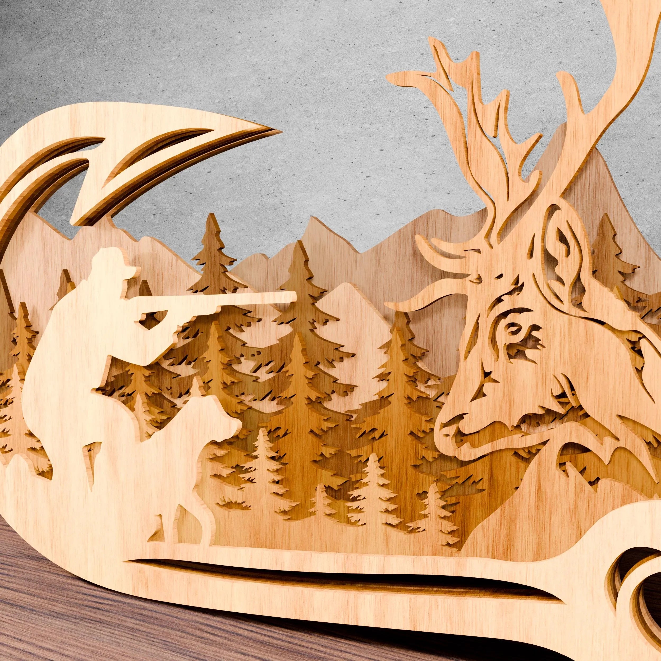 Deer Hunter Fishing Hook Multilayer SVG Laser Cut File, 3D Hunting Scene Wood Cut Pattern, Buck Forest Mountain Digital Download