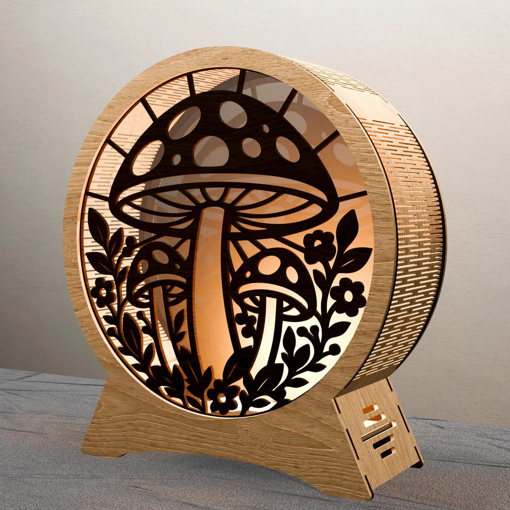 Mushroom Lamp SVG Laser Cut File, 3D Round Wooden Night Light, Multilayer Mandala Mushroom Forest Lantern Digital Download