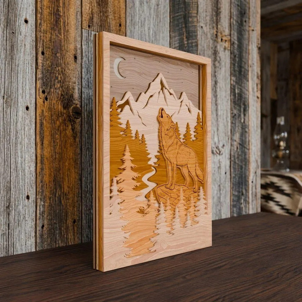 Howling Wolf Mountain Multilayer SVG Laser Cut File, 3D Layered Wolf Forest Shadow Box SVG, Glowforge Wood Wall Art Digital Download