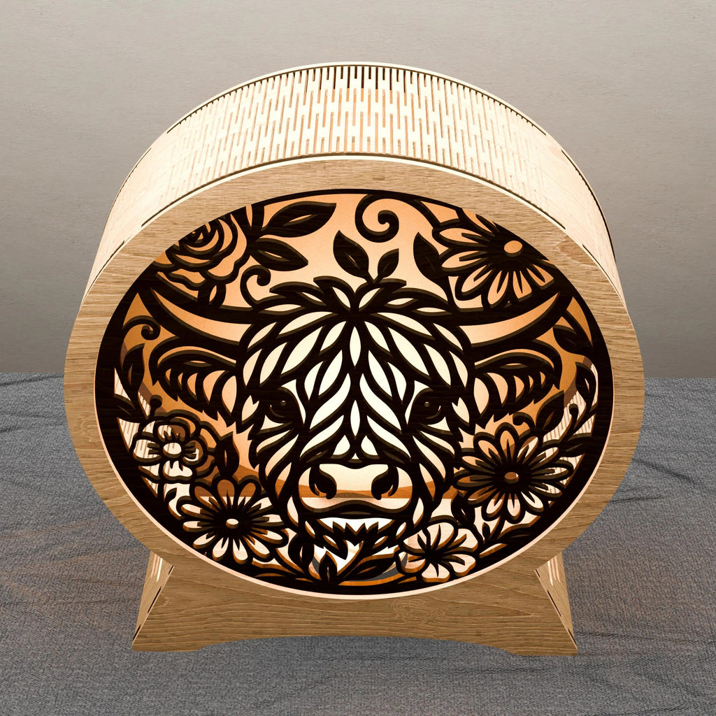 Highland Cow Mandala Lamp SVG Laser Cut Files, 3D Floral Bull Night Light Multilayer Vector, Glowforge Cricut Digital Download
