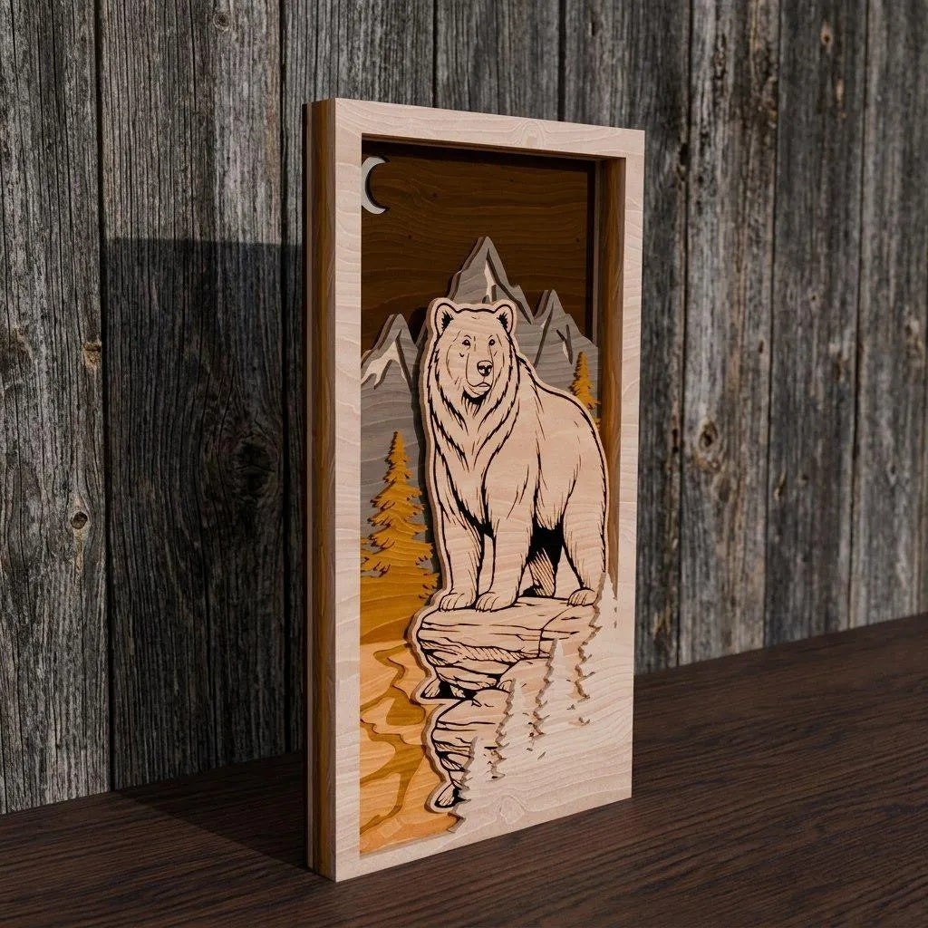 Bear Mountain 3D Layered SVG Laser Cut File, Multilayer Grizzly Shadow Box Wood Wall Art, Glowforge Cricut Digital Download