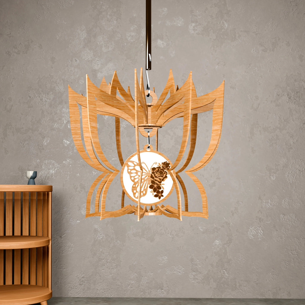 Lotus Pendant Lamp Laser Cut Files SVG DXF, 3D Wooden Hanging Lampshade Bundle, Fairy Butterfly CNC Digital Download