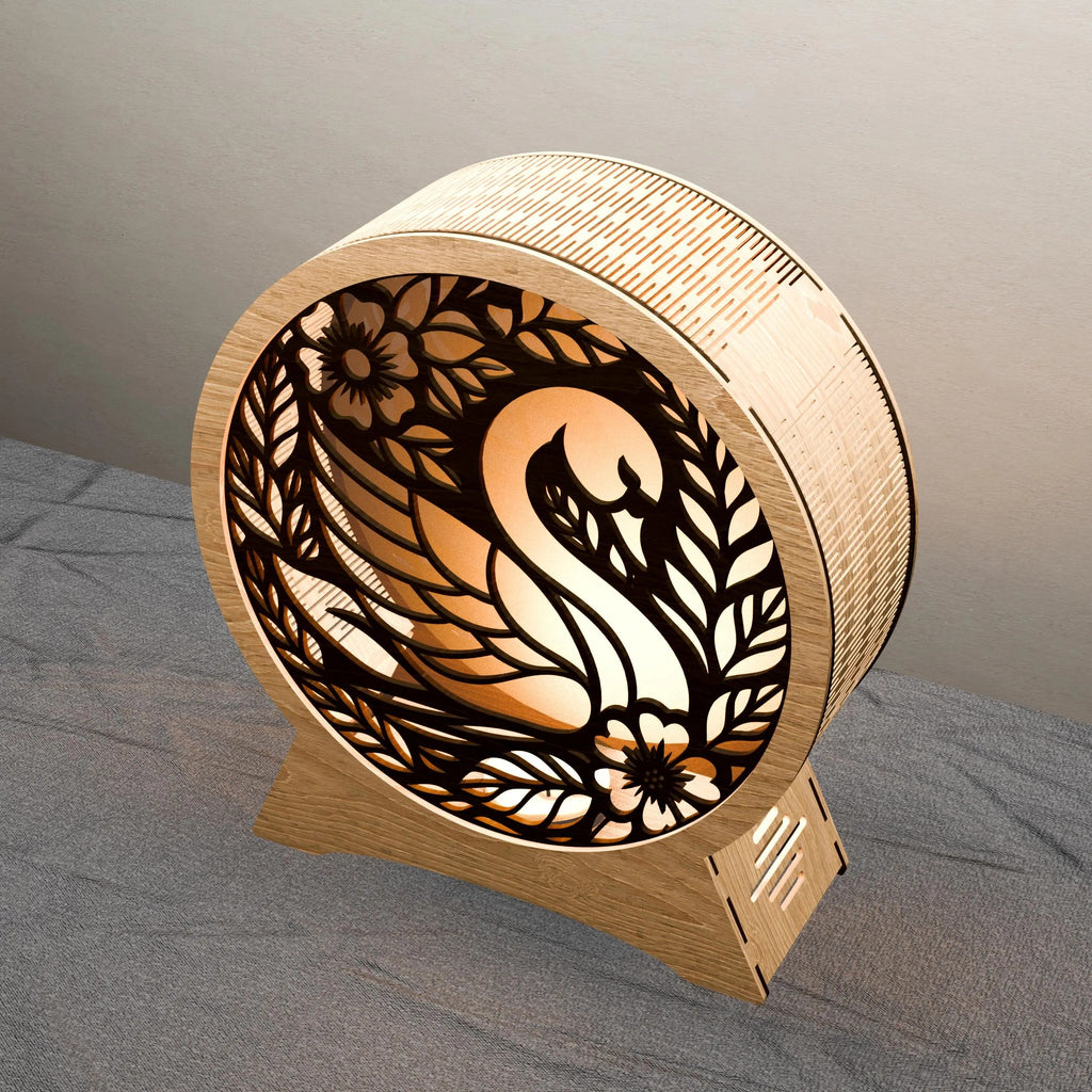 Swan Lamp SVG Laser Cut Files, 3D Round Wooden Night Light Template, Floral Swan Mandala Layered Cut File for Glowforge