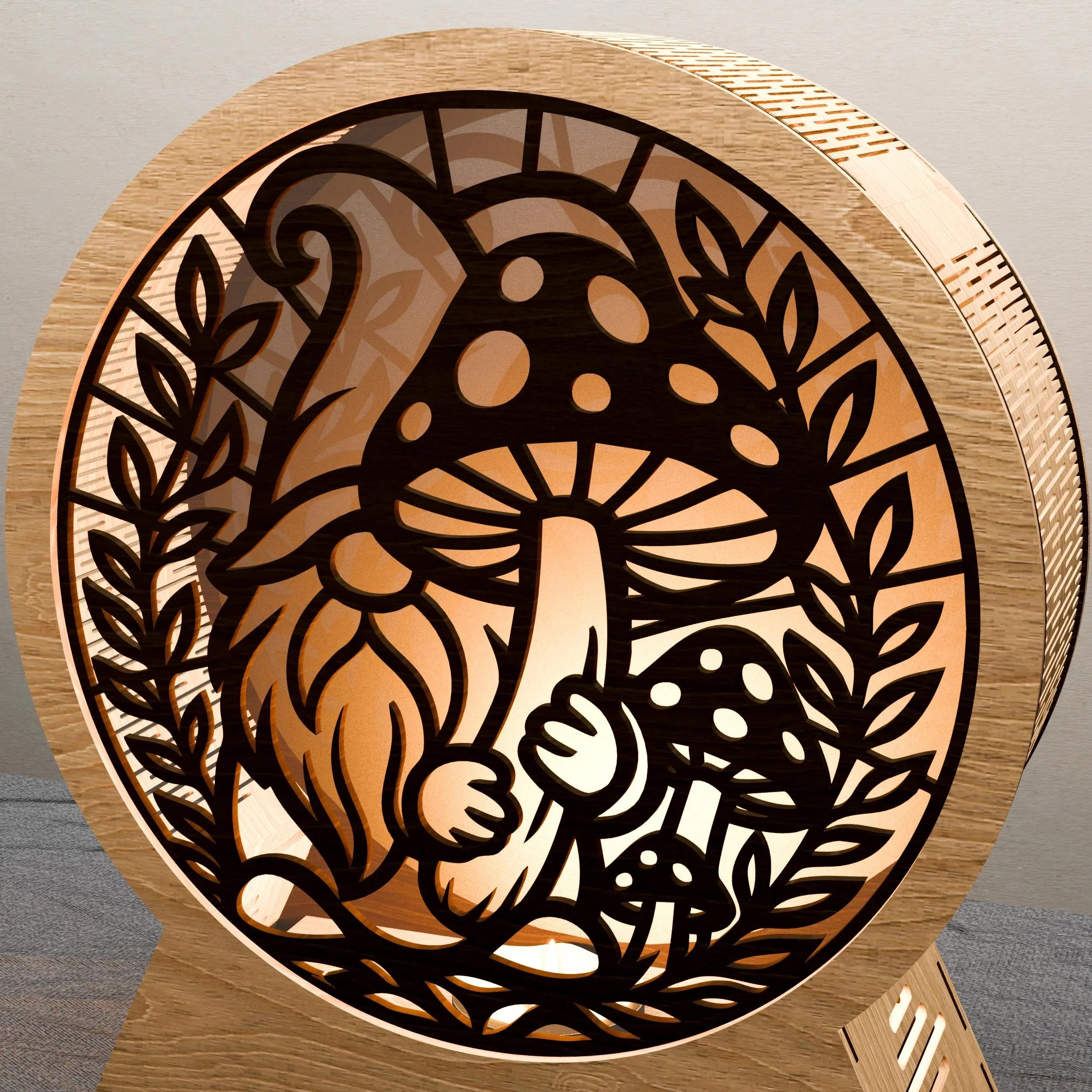 Gnome Mushroom Lantern Laser Cut File, 3D Round Wooden Night Light SVG, Multilayer Mandala Light Box Digital Download for Glowforge
