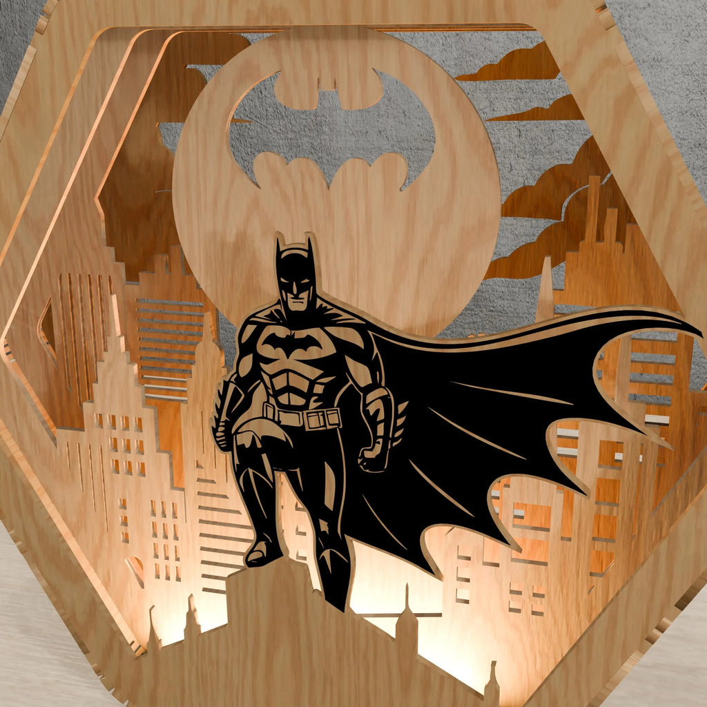 Dark Knight Hero Multilayer Laser Cut SVG, Caped Vigilante & City Skyline 3D Layered Wood Art, Glowforge Superhero Decor Digital Download