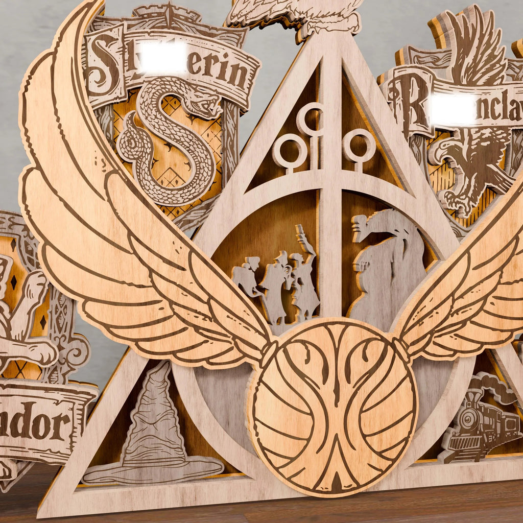 Magic Wizard Crest Multilayer SVG, Four Houses Owl & Flying Ball 3D Layered Wood Lamp, Glowforge Night Light Digital Download