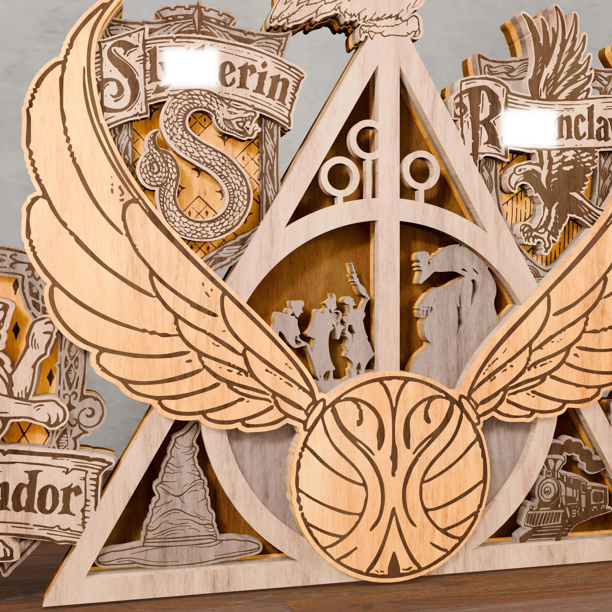 Magic Wizard Crest Multilayer SVG, Four Houses Owl & Flying Ball 3D Layered Wood Lamp, Glowforge Night Light Digital Download