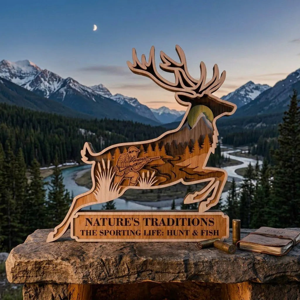 Hunting Deer SVG Laser Cut File, Multilayer Leaping Stag Hunter Scene, 3D Layered Wood Sign Cabin Decor Digital Download