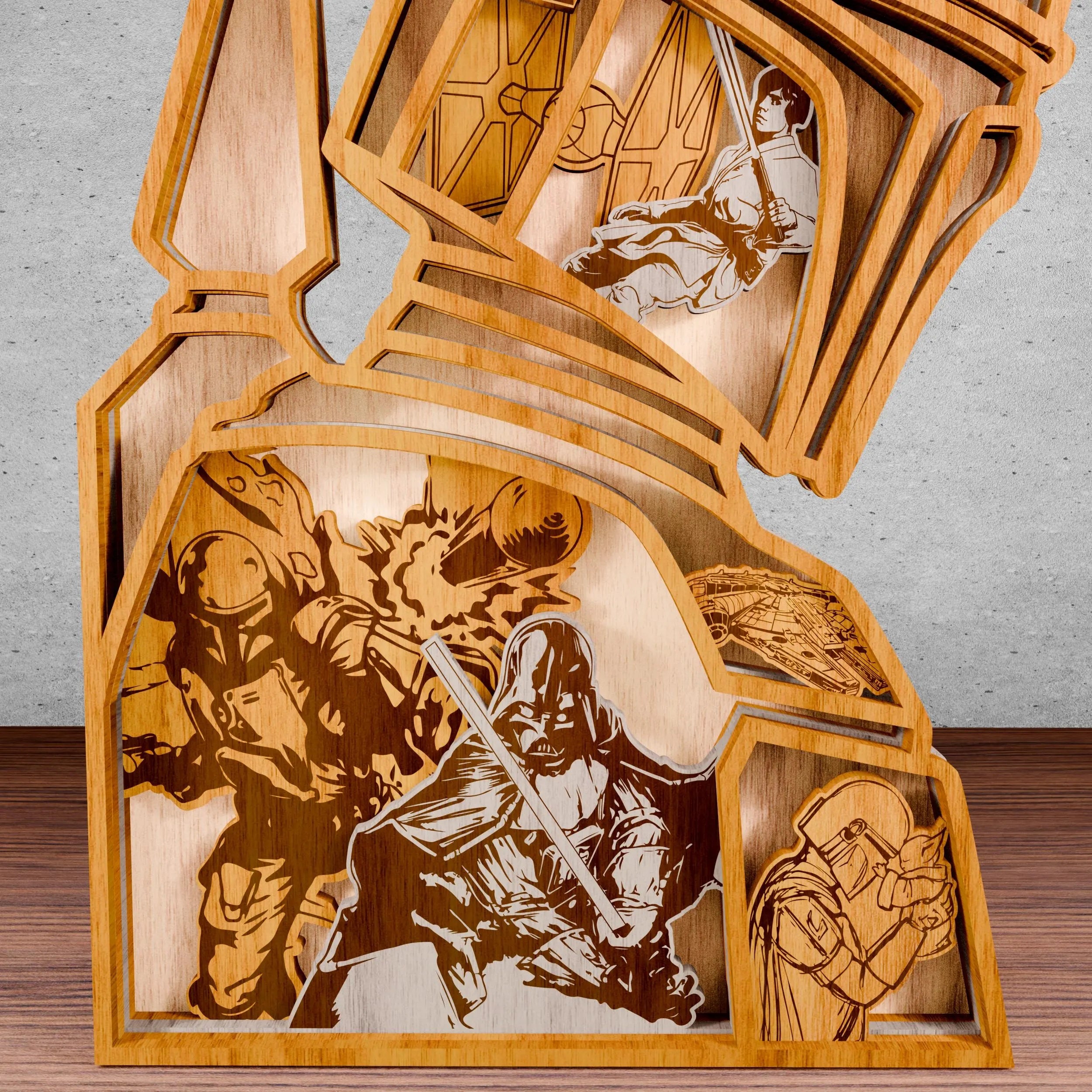 Bounty Hunter Helmet Multilayer Laser Cut SVG, Sci-Fi Space Warrior Battle 3D Layered Wood Art, Glowforge Galaxy Decor Digital Download