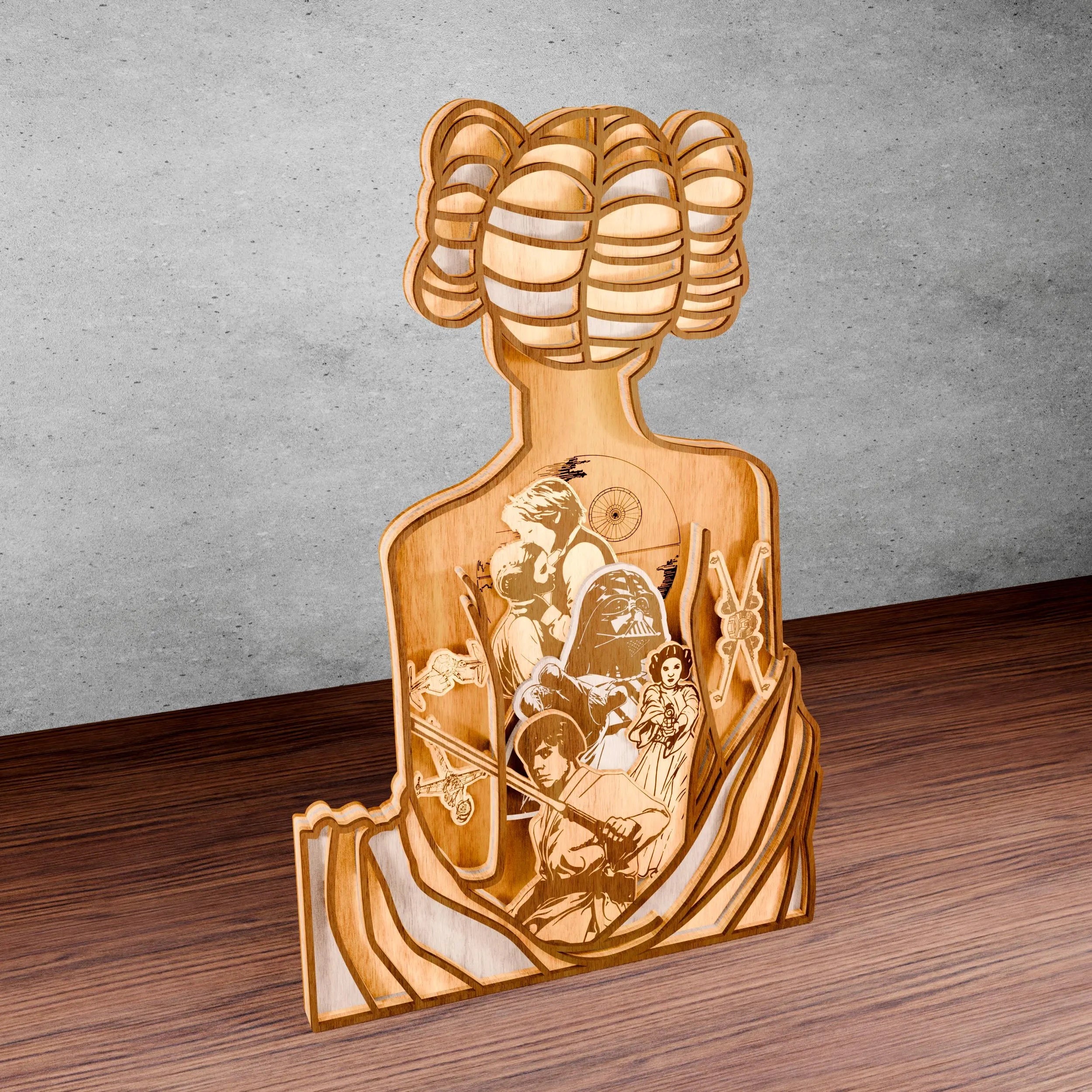 Princess  Multilayer SVG Laser Cut File, Star Wars 3D Mandala Wood Sculpture, Glowforge Layered Bust Digital Download