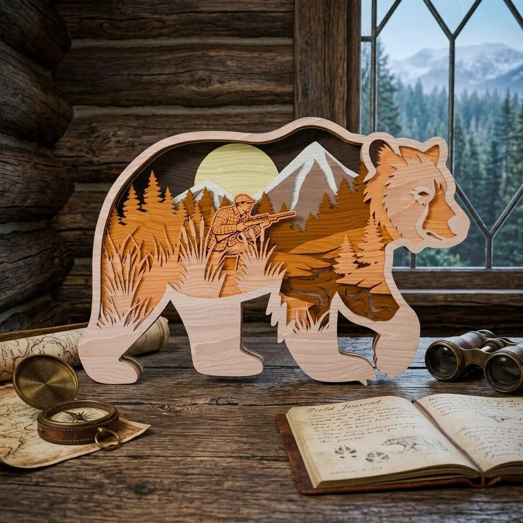 Bear Hunter Multilayer SVG Laser Cut File, 3D Layered Bear Hunting Scene, Glowforge Wood Wall Art, Cabin Decor Digital Download