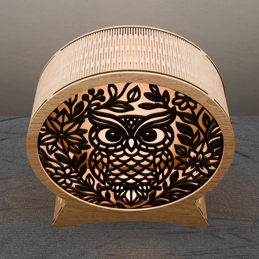 Owl Lamp Laser Cut Files SVG Bundle, 3D Round Wooden Night Light Digital Download, Floral Owl Mandala DXF CDR Vector
