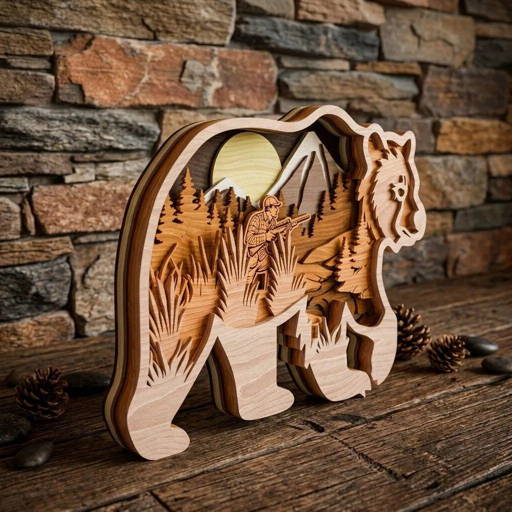 Bear Hunter Multilayer SVG Laser Cut File, 3D Layered Bear Hunting Scene, Glowforge Wood Wall Art, Cabin Decor Digital Download