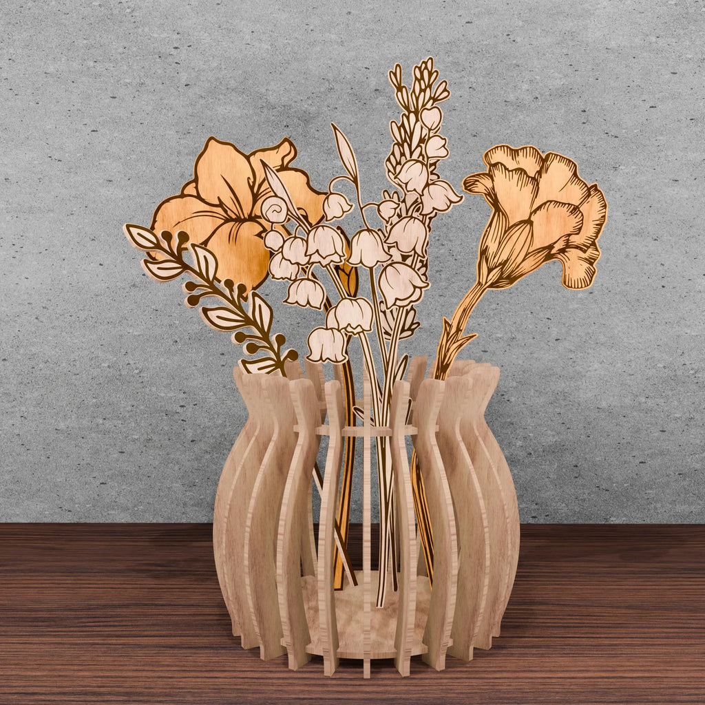 Birth Month Flower Bouquet SVG Bundle, Laser Cut Wooden Vase with Flowers, Glowforge Files, 12 Birth Flowers Digital Download