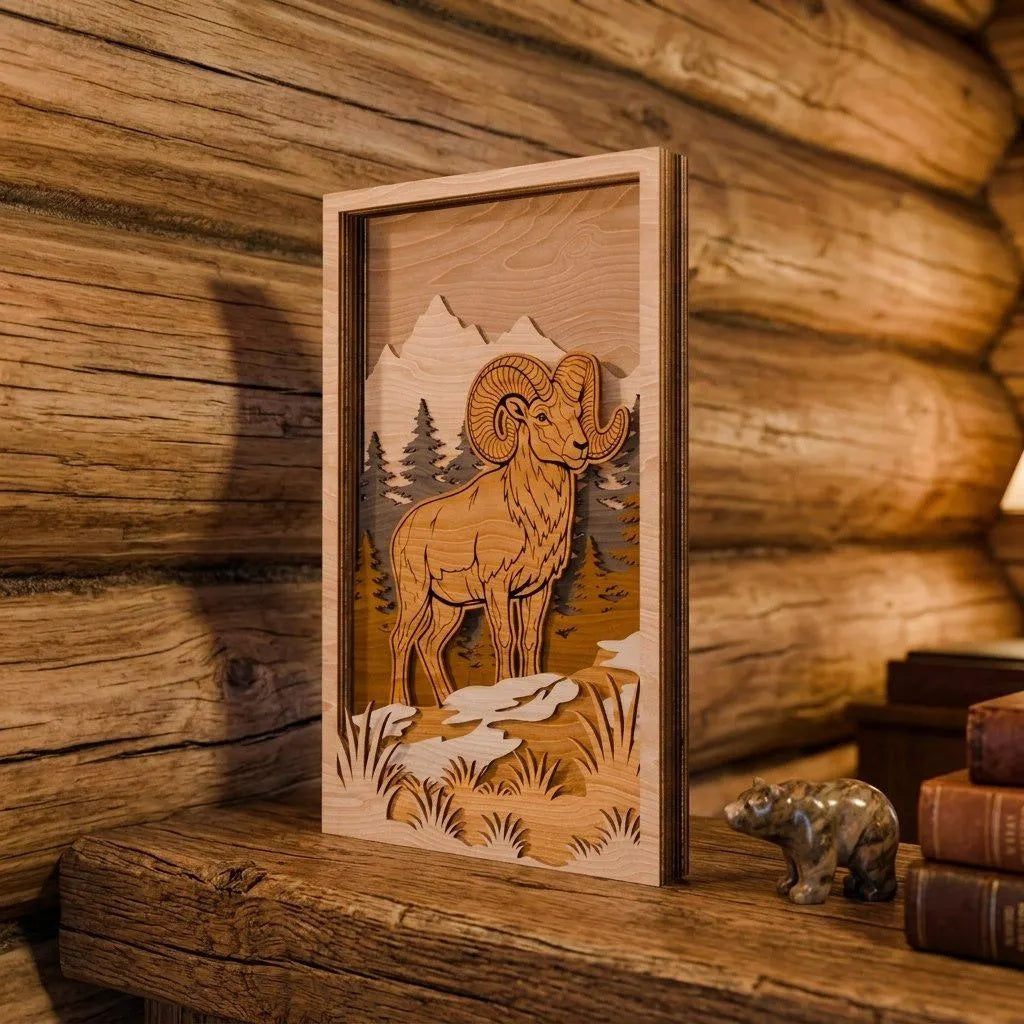 Bighorn Ram Multilayer SVG Laser Cut File, 3D Layered Mountain Wildlife Shadow Box, Glowforge Wall Art Digital Download
