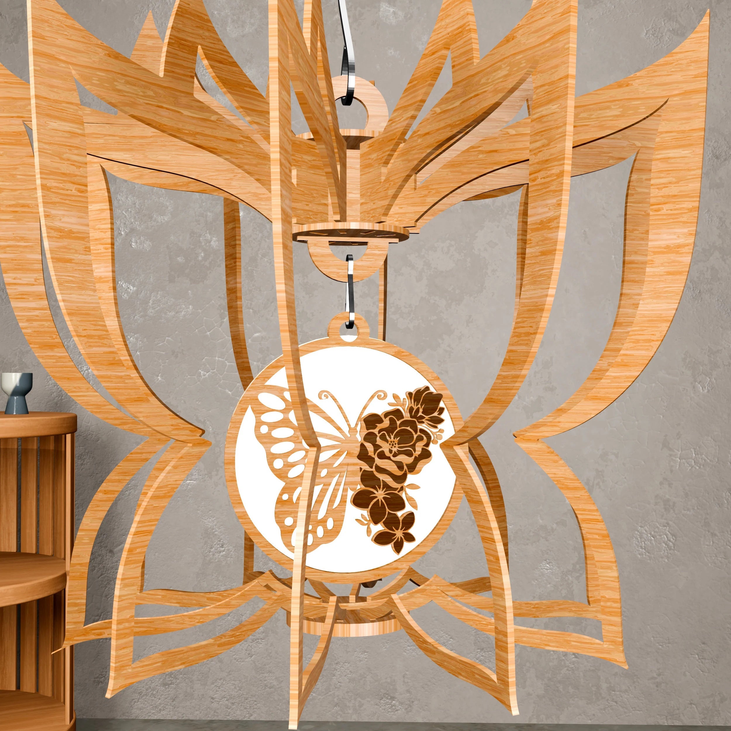 Lotus Pendant Lamp Laser Cut Files SVG DXF, 3D Wooden Hanging Lampshade Bundle, Fairy Butterfly CNC Digital Download
