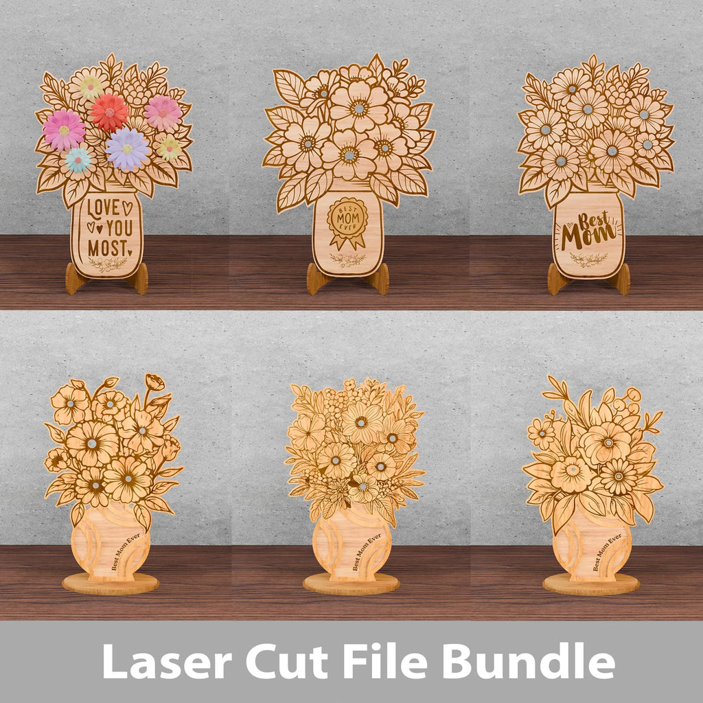 Best Mom Ever Flower Bouquet SVG Bundle, Mason Jar Floral Laser Cut File, Mother's Day Wood Sign Glowforge, Digital Download