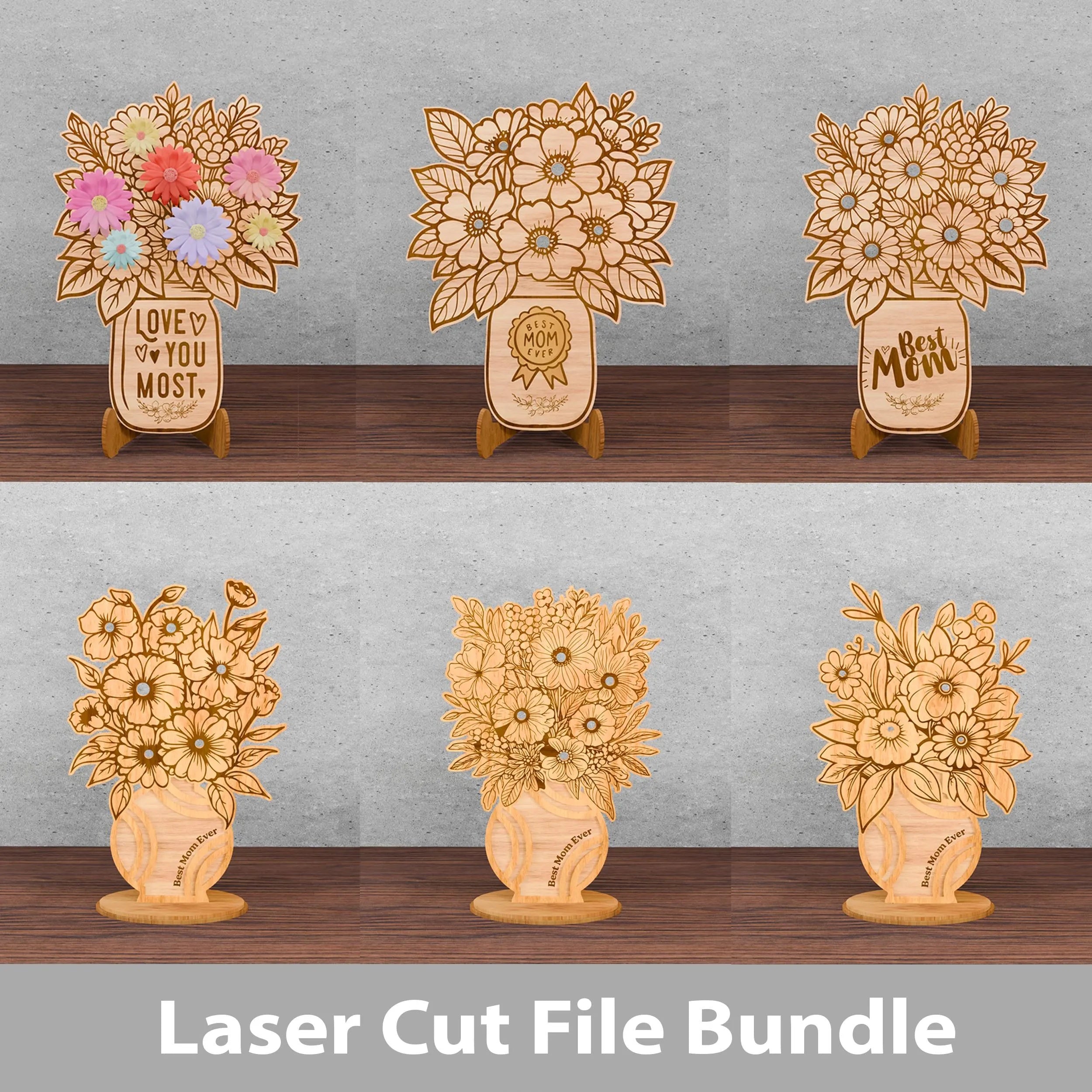 Best Mom Ever Flower Bouquet SVG Bundle, Mason Jar Floral Laser Cut File, Mother's Day Wood Sign Glowforge, Digital Download